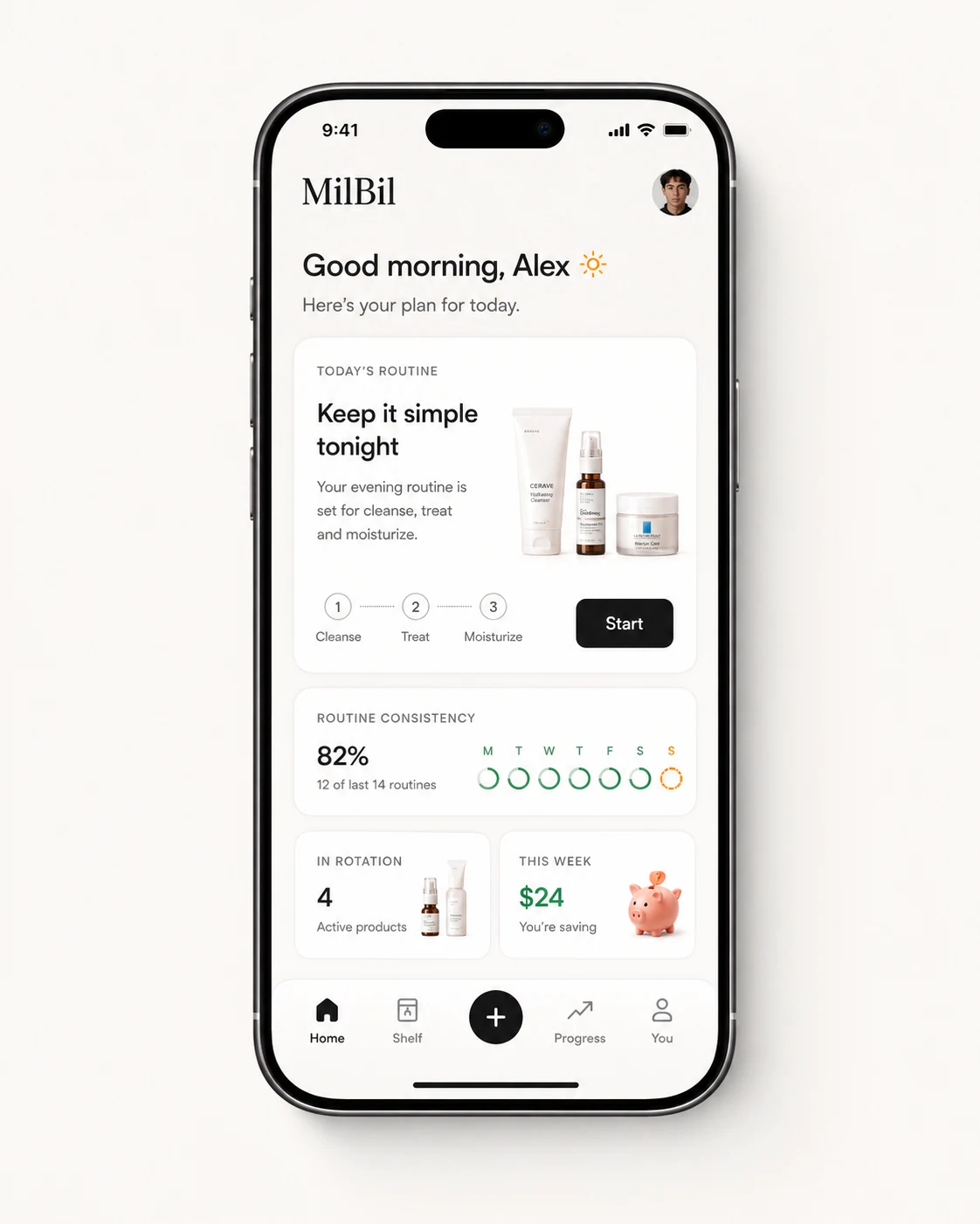 MilBil home screen showing a personalized routine, consistency, active products, and savings