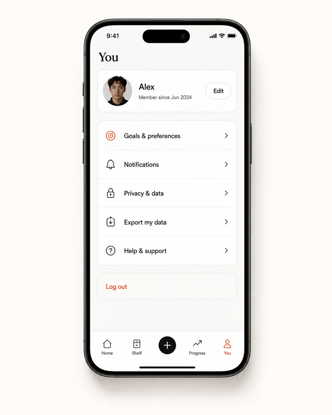 MilBil profile screen with goals, privacy, data export, and support controls
